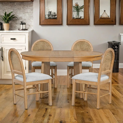 ??5-Piece Expandable Dining Table Set with Rattan Chairs for 4