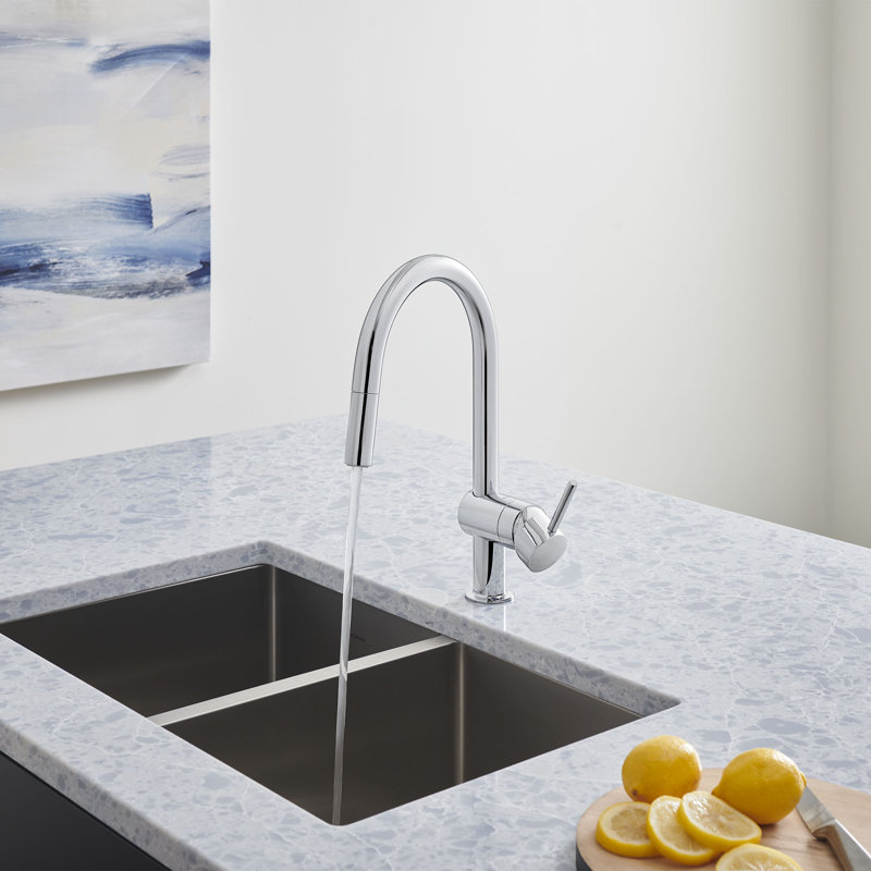 Minta® Pull Out Single Handle Kitchen Faucet, Starlight Chrome, No Sensor