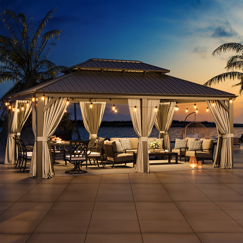Hardtop Gazebo with Double Roof, 120mm Aluminum Posts & Built-in Gutter, Black & Grey, 20 Ft. W x 14 Ft. D