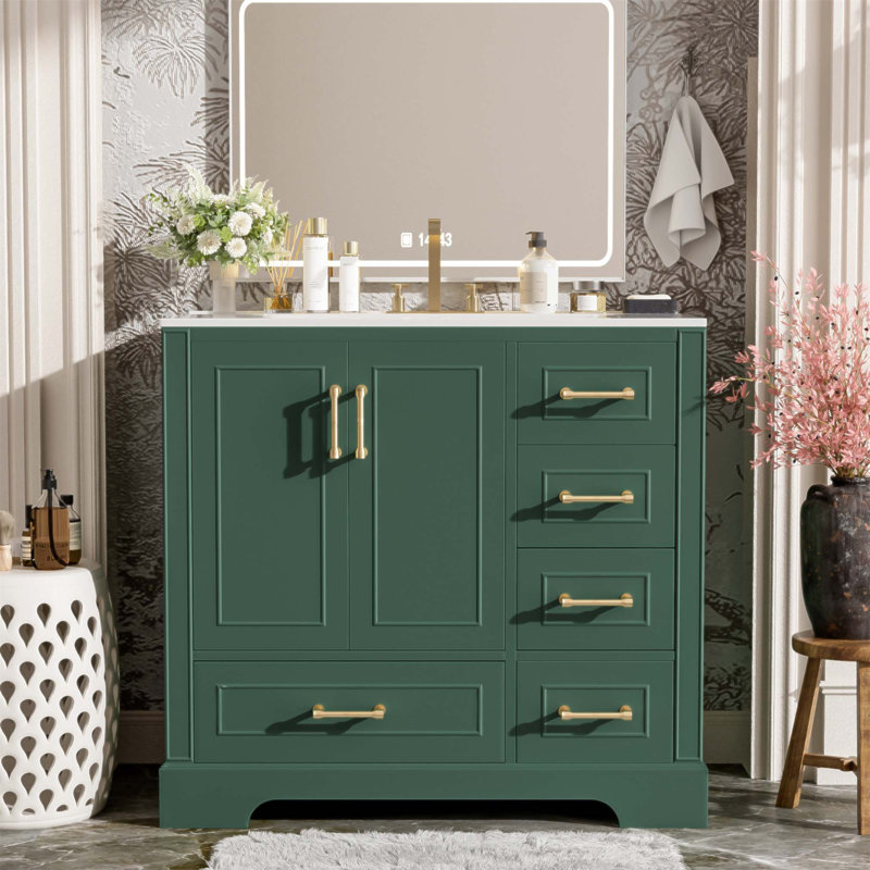 Meuble-lavabo traditionnel de 36 pouces avec lavabo en céramique, portes à fermeture douce et grand rangement pour des salles de bain élégantes et fonctionnelles