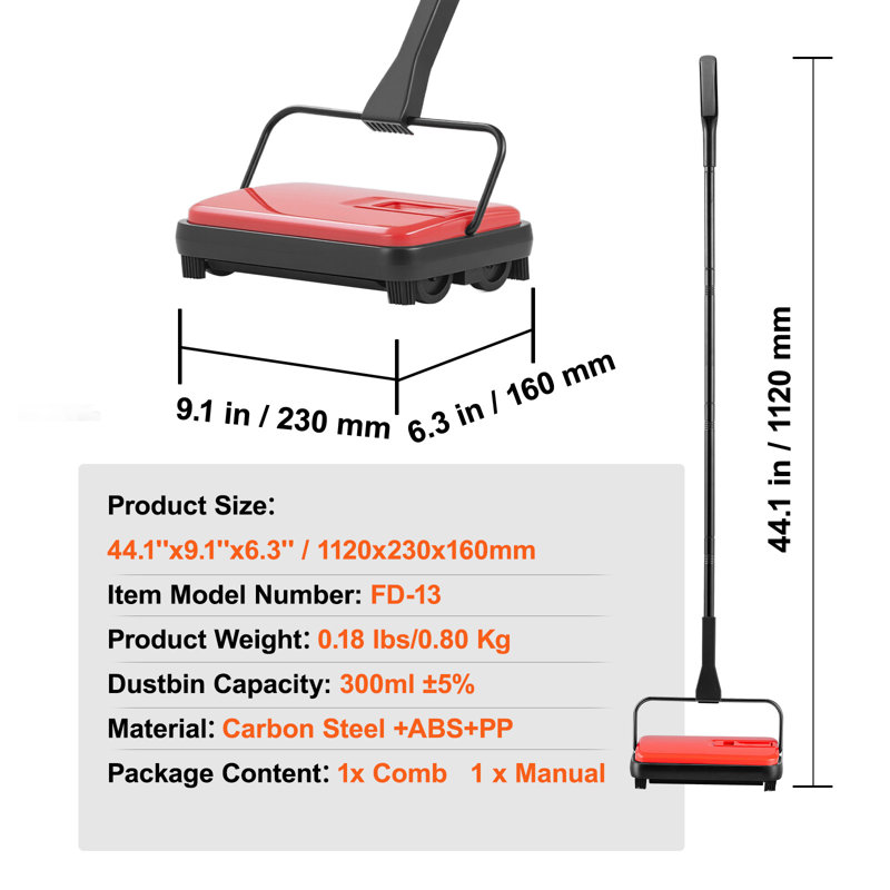 Balayeuse à tapis manuelle de 6,7 pouces de largeur avec balais non électriques, Rouge