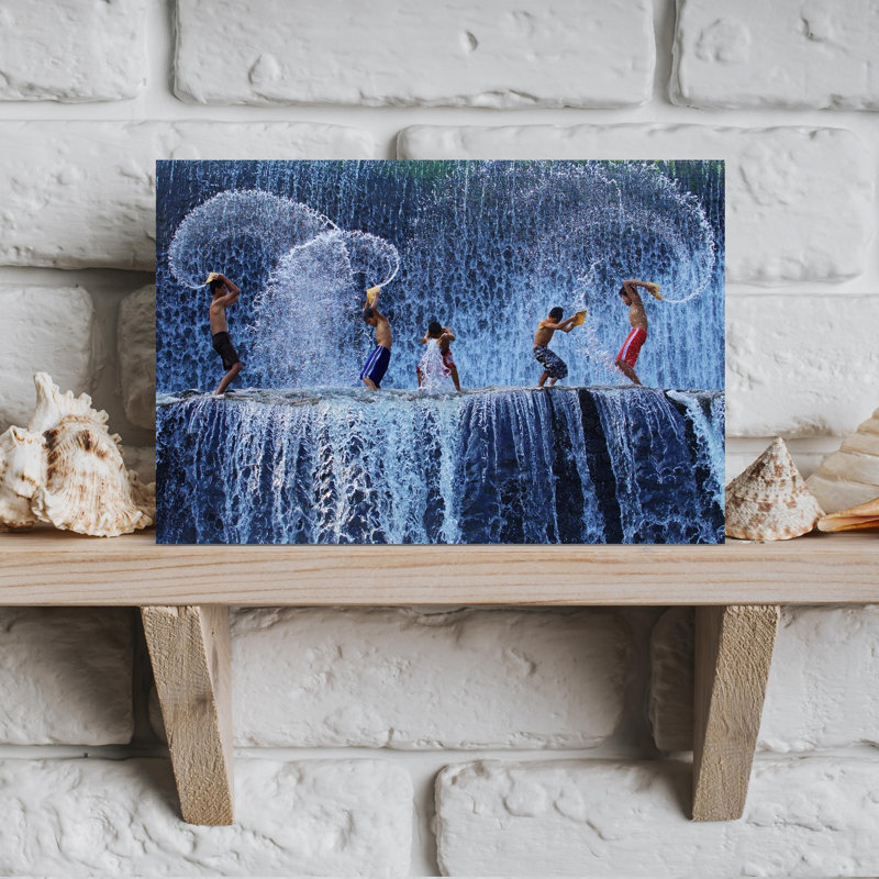 Boys Splashing Waterfall Energetic Abstract Contemporary Summer Wall Art Print 1 Piece Wrapped Canvas Wall Art