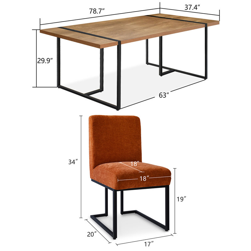 7-Piece Modern Rectangular Dining Table Set For 6 With Upholstered Dining Chairs, Terra