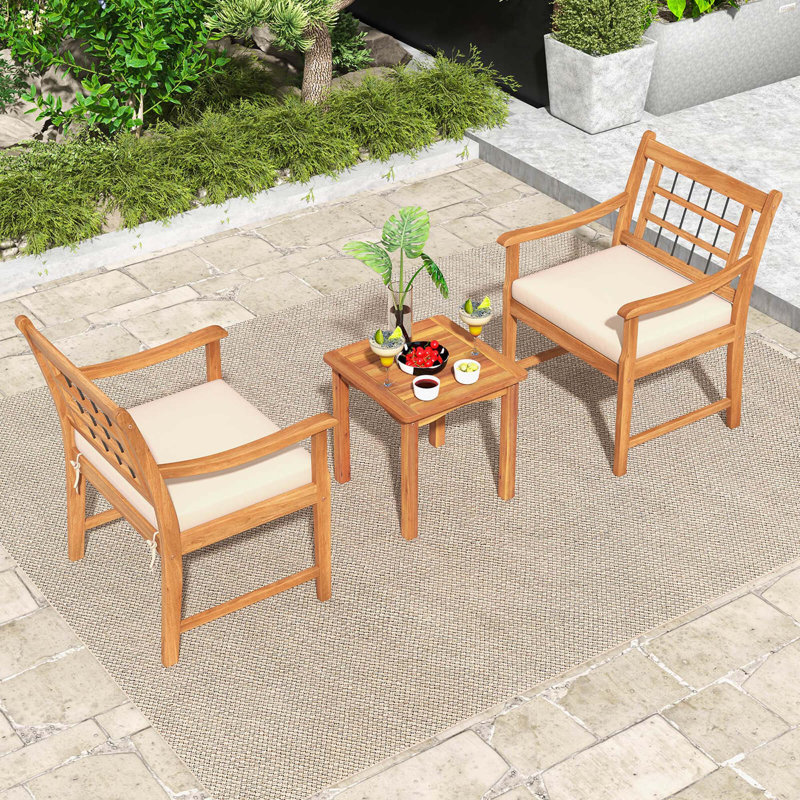 3 Pcs Acacia Wood Patio Bistro Set Outdoor Chairs With Coffee Table For Porch, Off White