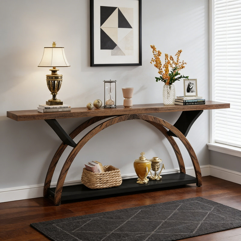 Table console 70,9 "à 2 niveaux, canapé d'entrée en demi-lune, Brun, Noir / brun