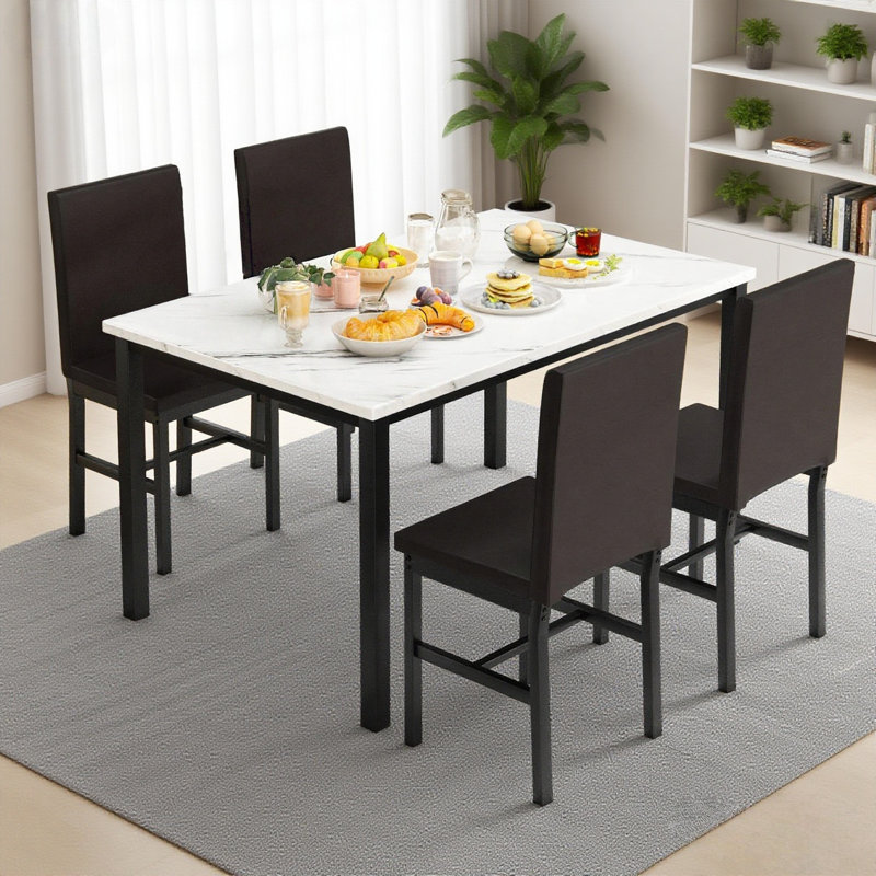 5 - Piece Faux Marble Breakfast Nook Dining Set, White/Khaki