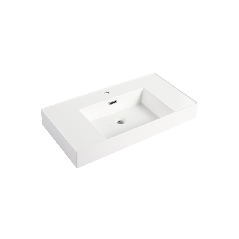 Lavabo de salle de bain 36 po en résine, blanc brillant, profondeur 36,24 po, largeur 17,88 po, hauteur 4,62 po, lavabo 45,52 lb et résistant aux taches