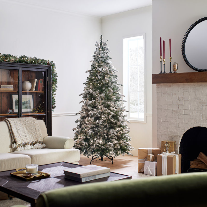 Snowy Everest Fir Medium Tree with Clear Lights, 7.5'