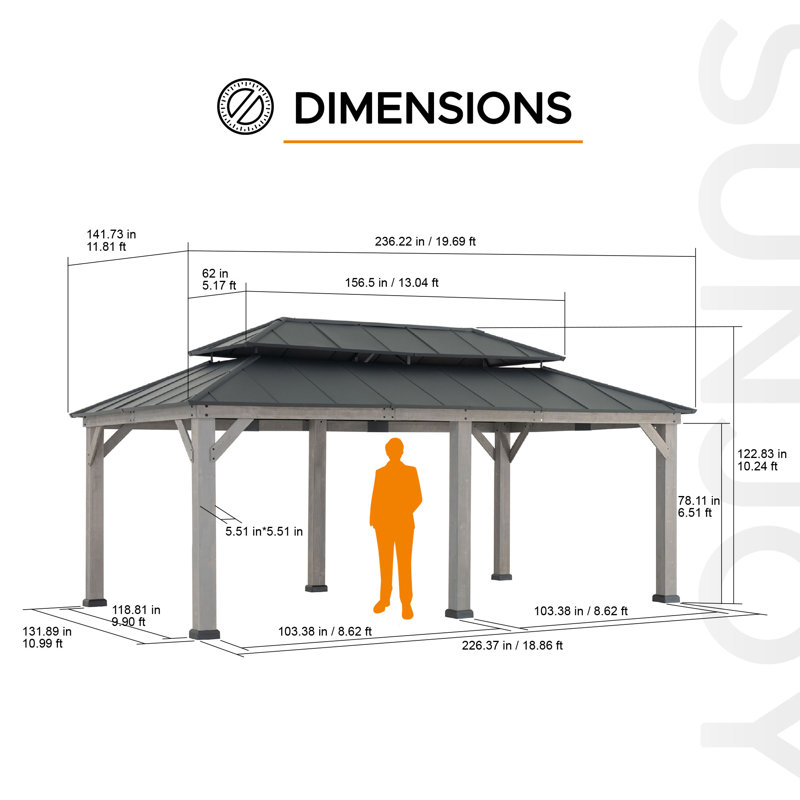 Sunjoy 12' x 20' Cedar Wood Gazebo with Two-Tier Steel Hardtop Roof for Patio and Backyard, Gray, Black