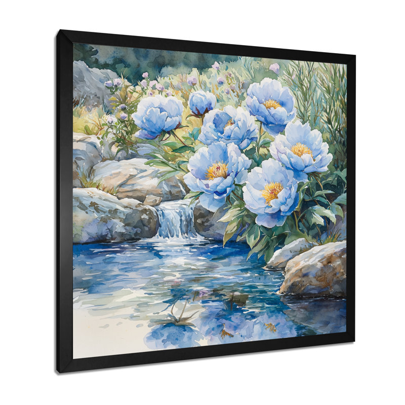 Montagne, pivoines au bord de la rivière I - pivoines, art mural pour le salon, Reproduction encadrée d'une seule photo, Noir