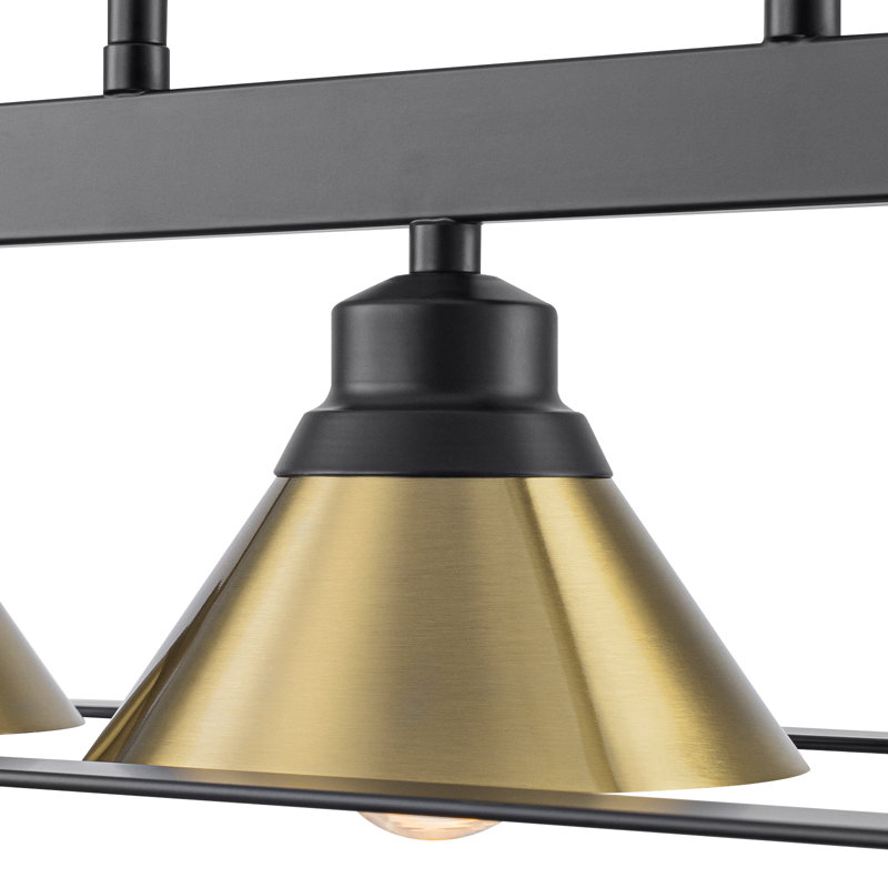 Lustre linéaire pour îlot de cuisine avec cadre noir mat et abat-jour conique doré - 3 ou 5 lumières, hauteur réglable, homologué ETL