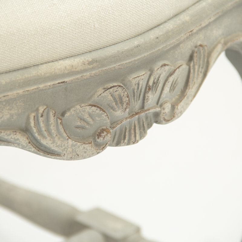 Distressed Grey Blue Queen Anne Upholstered Side Chair in Off-White Linen