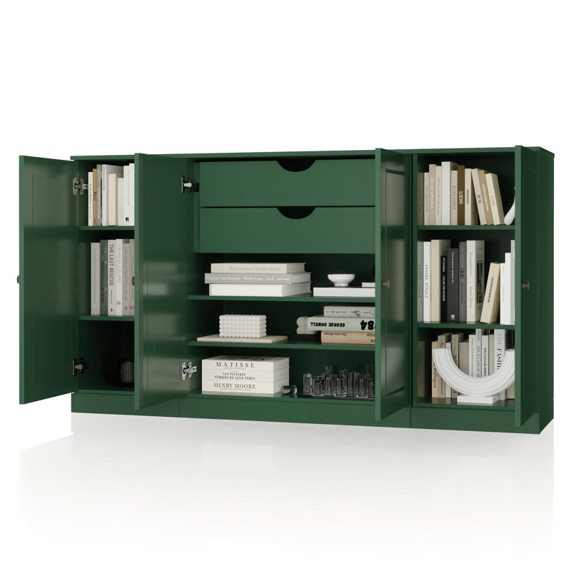 Buffet 100% bois massif 65 "avec portes solides, 2 tiroirs et tablettes réglables, Vert