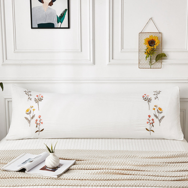Body Pillow Cover, White Flower Embroidery, Soft Washed Microfiber, Pocket Closure, 20x54 inches, White