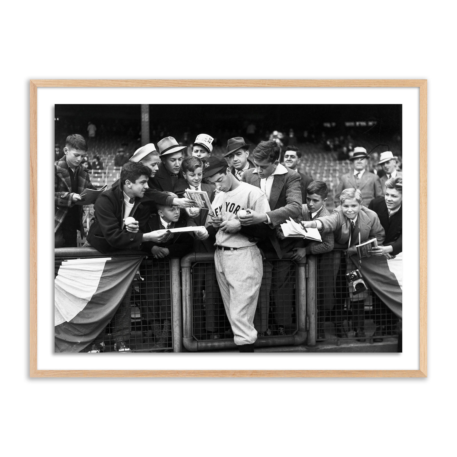 Joe DiMaggio Signing Autotgraphs For Fans by Getty Images, White Oak Framed, 36" H x 48" W