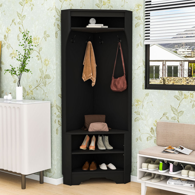 Modern Corner Hall Tree with Built-In Shoe Bench, Hooks and Storage Shelf, Black