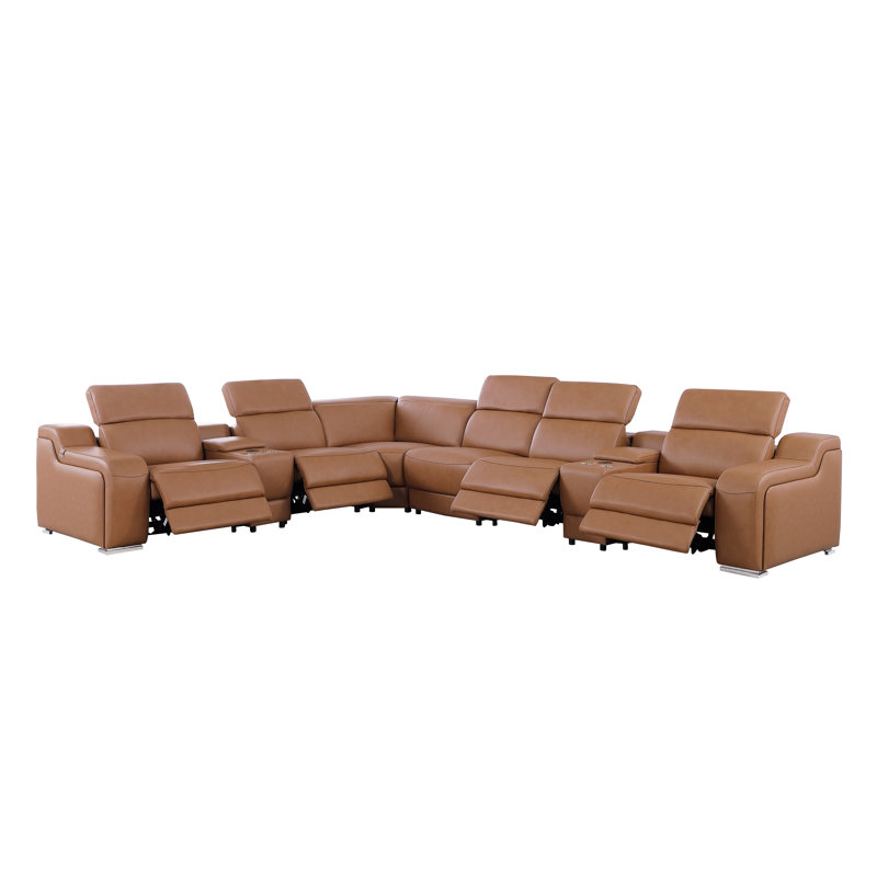 Stanuta 8 - Piece Top Grain Italian Leather Power Reclining Sectional, Cognac Genuine Leather