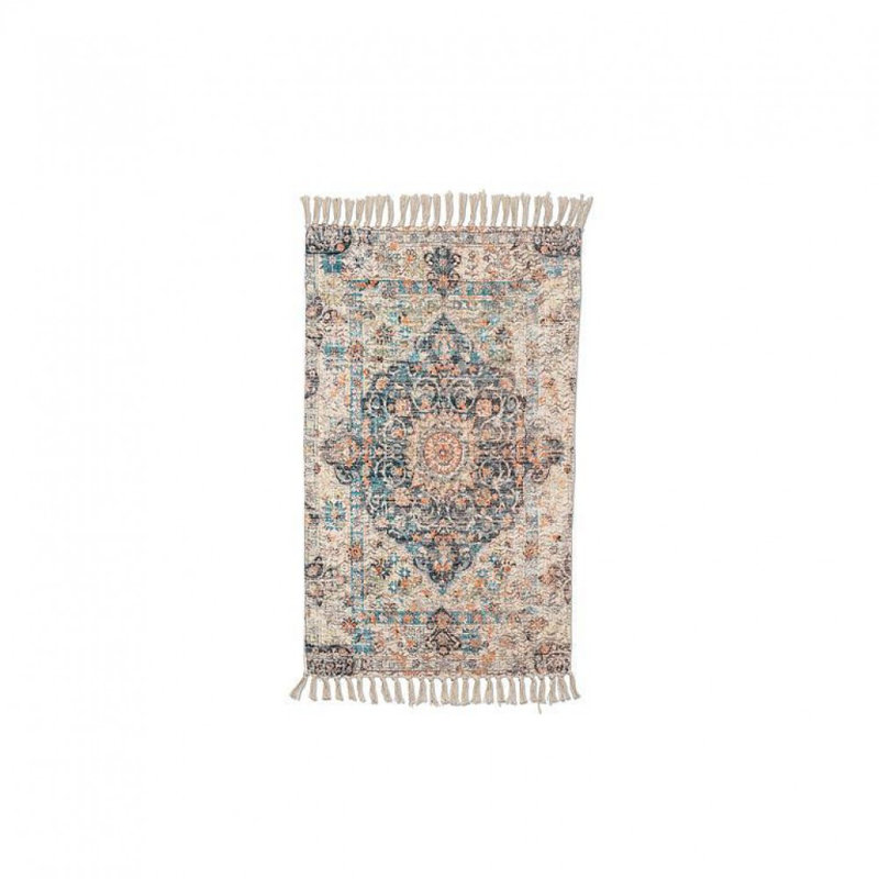 Tapis de sol bleu et ivoire avec franges