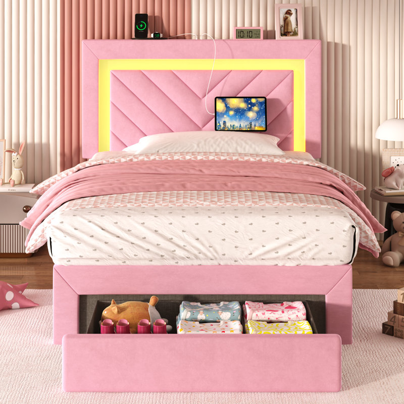Upholstered Twin Size Bed Frame With Adjustable Charged LED Headboard And Storage Drawers, Pink, Twin, Pink