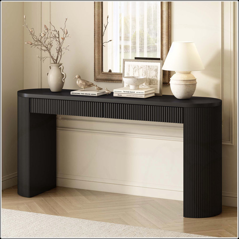 Console sophistiquée avec placage de pin et rayures verticales, parfaite pour les vestibules et les salons, Noir