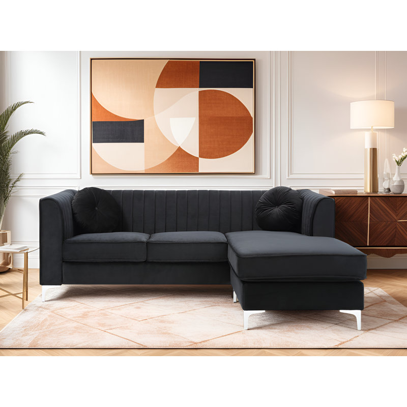 Canapé Tetouan, Microfibre noire / microsuède / velours