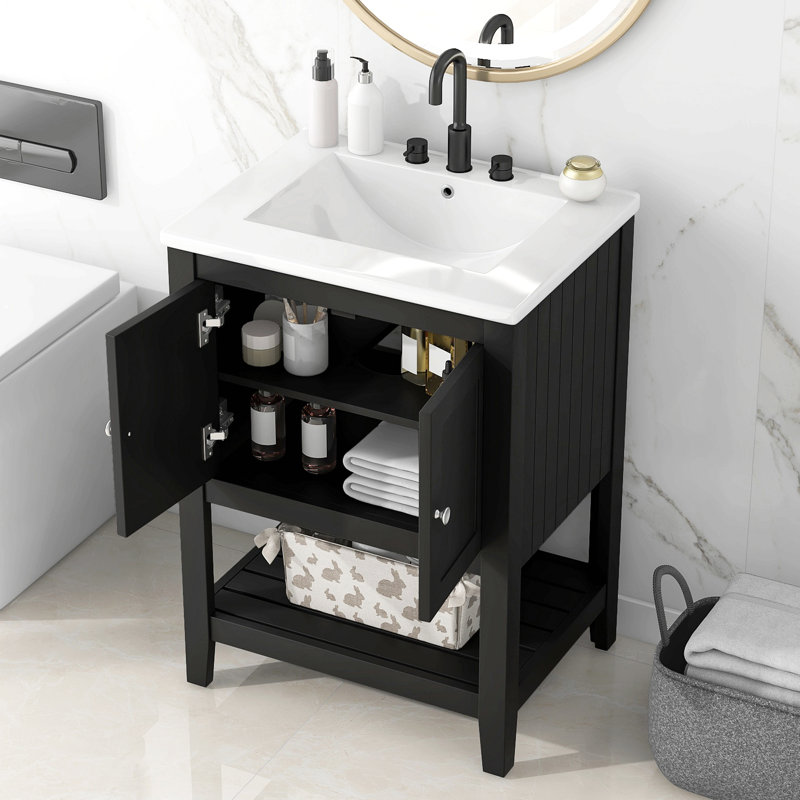 Lavabo de salle de bain moderne élégant en céramique 24 po avec tablette ouverte en bois massif, Noir, Argent argent