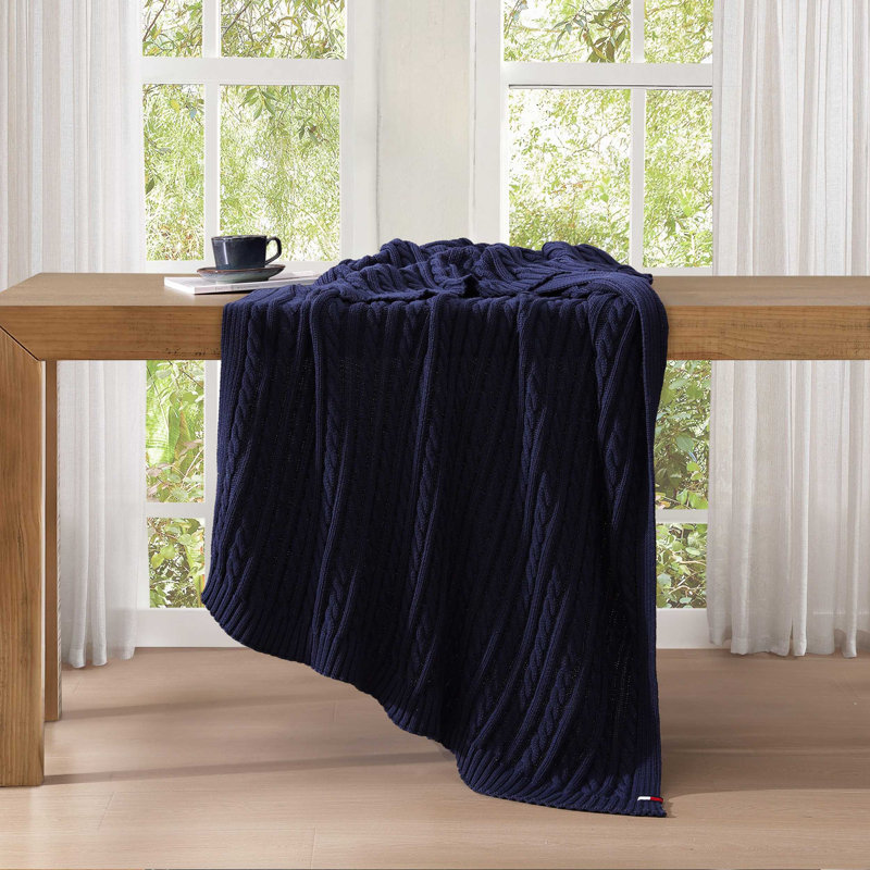 Tommy Hilfiger Cable Knit Solid Throw Blanket, Blue