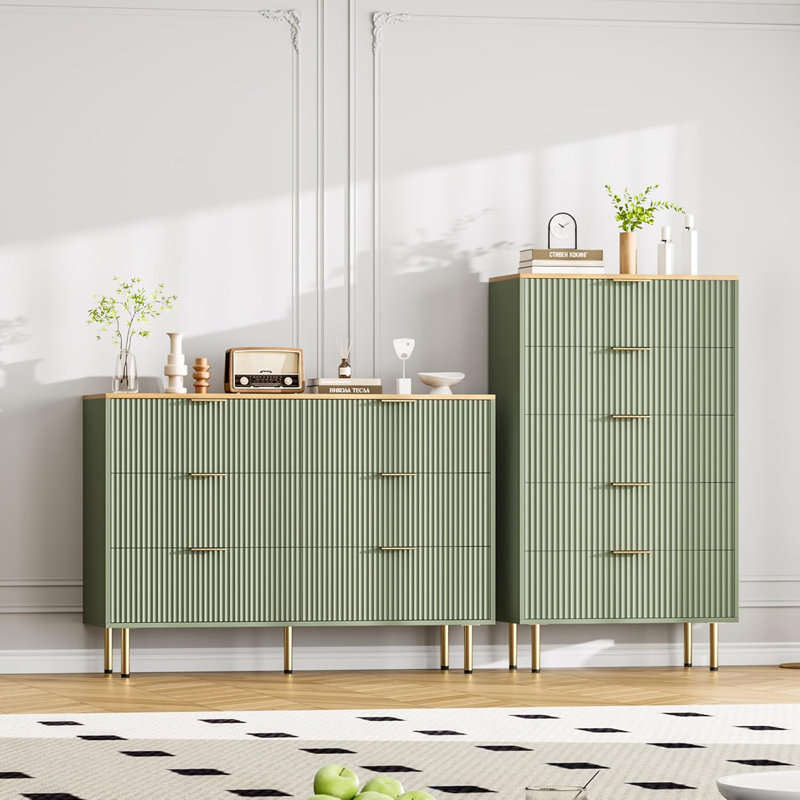 Modern Fluted 6-Drawer Dresser – Large Chest of Drawers with Gold Handles, Bedroom Storage Organizer for Clothes & Essentials, Stylish Dresser for Living Room, Hallway & Entryway