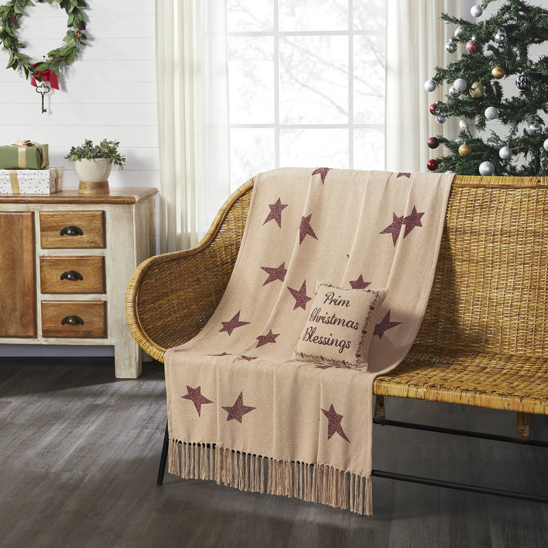 Tan and Burgundy Star Pattern Cotton Throw Blanket