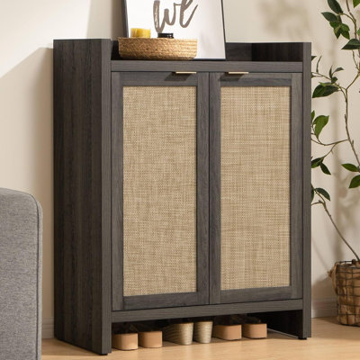 Large Capacity 6-Tier Shoe Cabinet Set Of 2, Farmhouse Rattan Shoe Storage Organizer With Adjustable Shelves And Doors, Entryway Hallway Wooden Storage Cabinet