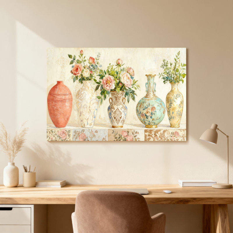 Vases floraux disposés sur un motif de tablette, H 20 po x l 30 po, Toile tendue, Ne s’applique pas