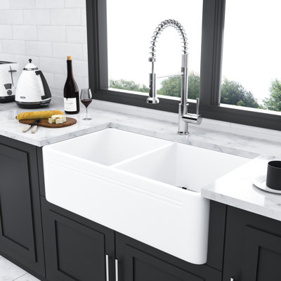 33" White Ceramic Kitchen Farm Sink - Double Bowl 50/50 Highly , Heat , Scratch-, Chip-, , Exquisite 33 Inch Extra Scratch Chipping Discoloration Classy Design