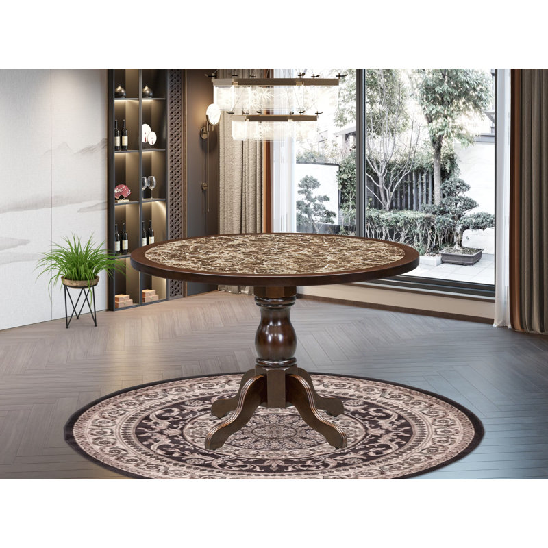 A Round Dining Table with Rippled Sand Marble Pattern tabletop, Mahogany Finish, Mahogany