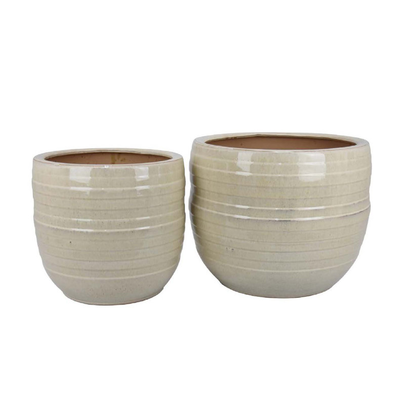 Paulo Barrel Planter Set Of 2, Raised Ribbed Beige Ceramic 19, 15 Inch, White