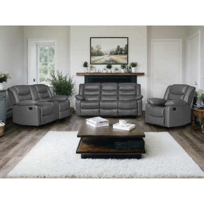 Ensemble de canapé inclinable en similicuir 3 pièces, 5 fauteuils inclinables manuels, table rabattable avec porte-gobelets