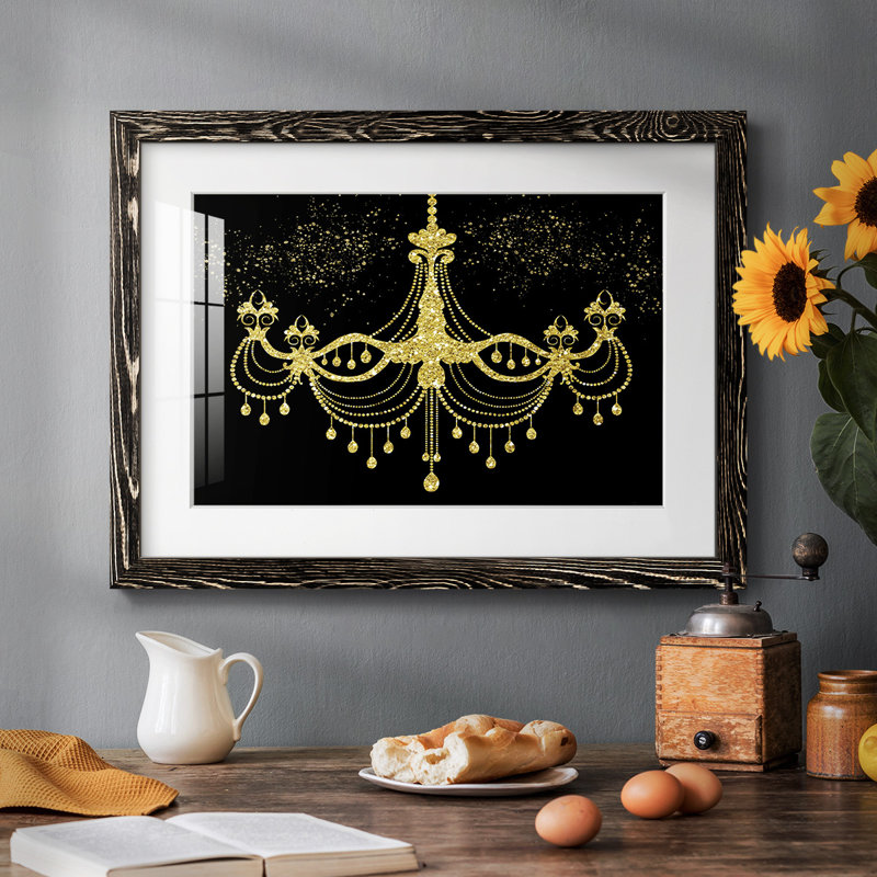 Lustre doré encadré sur papier, Noir, H 22 po x l 32 po x P 1,5 po