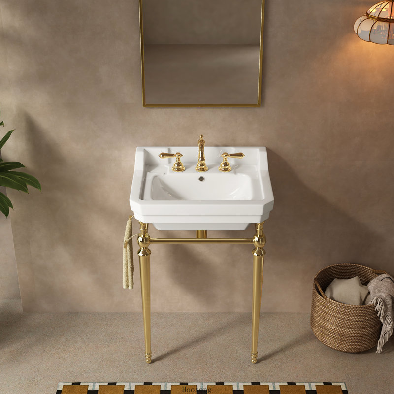 Évier console en céramique blanche 23 po, pieds autoportants dorés avec barre à serviettes, 3 trous pré-percés, Doré, Gold