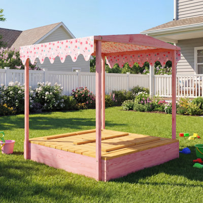 Wooden Sandbox with Cover, Kids Sandbox Outdoor with Bench Seats, Bottom Liner, Canopy for Kids Ages 3-6, Flamingos Print, Pink