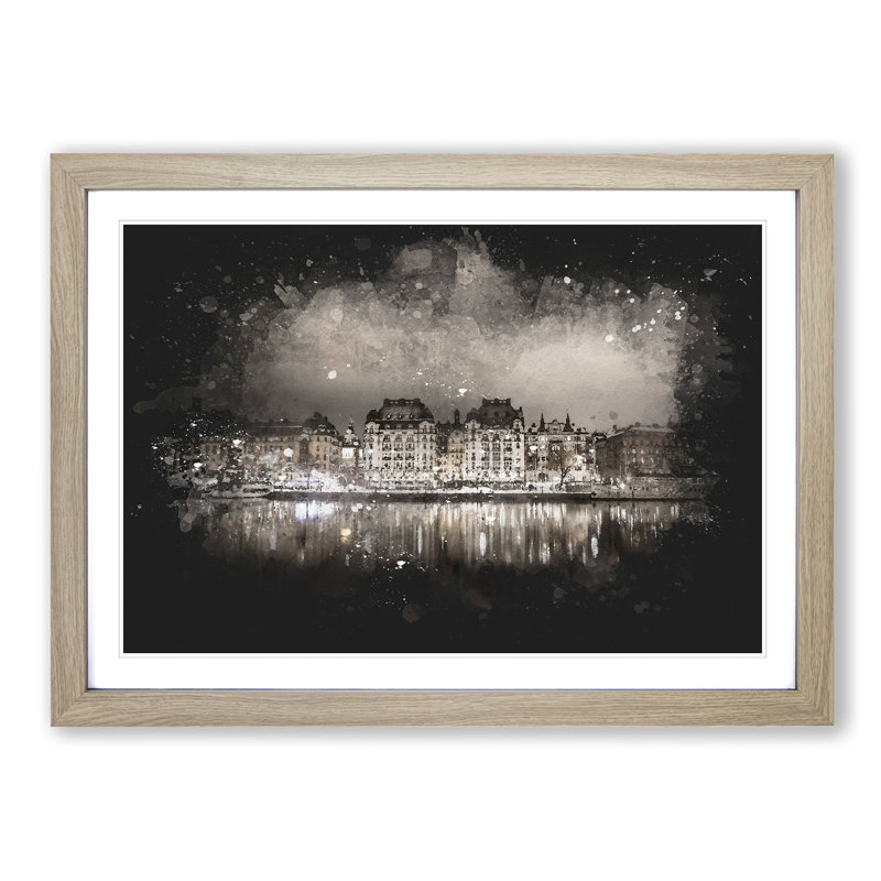 Reflection Of Stockholm In Sweden - Picture Frame Graphic Art, 62cm H x 87cm W x 2cm D, Oak Framed
