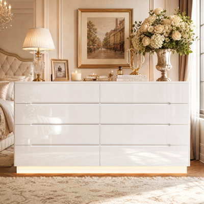 63" W 8-Drawer Double Dresser with Warm Ambient Lighting, Glossy Finish and Metal Slides