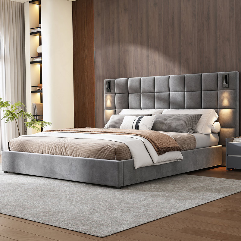 King bed,with reading lamp and USB port, wide headboard,without bedside tables and mattress, King