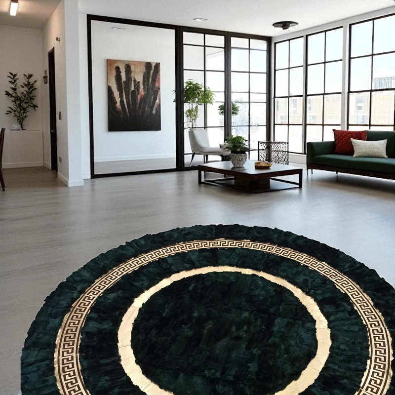 Tapis vert foncé rond, tapis de salon fait à la main, Rond 5 pi