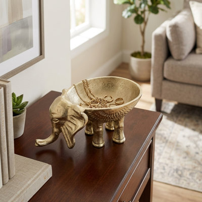 Modern Decorative Elephant Metal Bowl for Living Room Decor - Contemporary Accent Catchall Display for Home Styling - 7", Gold