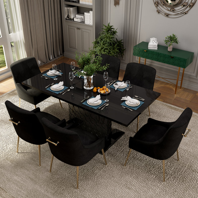 Magallanes 6-Person Extendable Table Dining Set with Velvet Dining Chair, Black, Black