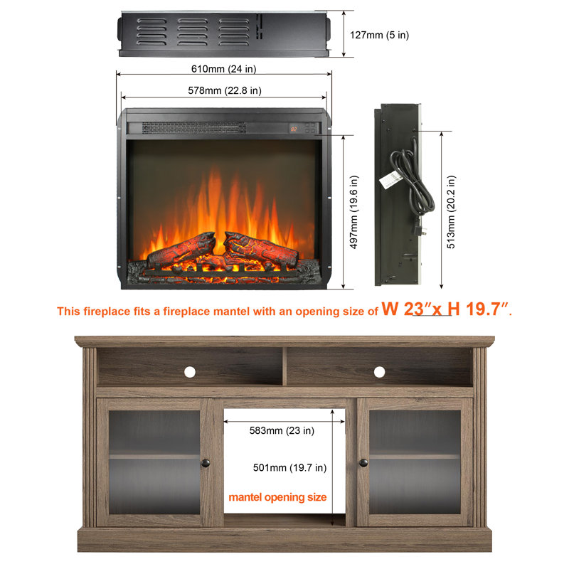 Foyer électrique encastrable de 23 pouces, appareil de chauffage ultra mince avec ensemble de bûches et flamme réaliste, télécommande avec minuterie, protection contre la surchauffe