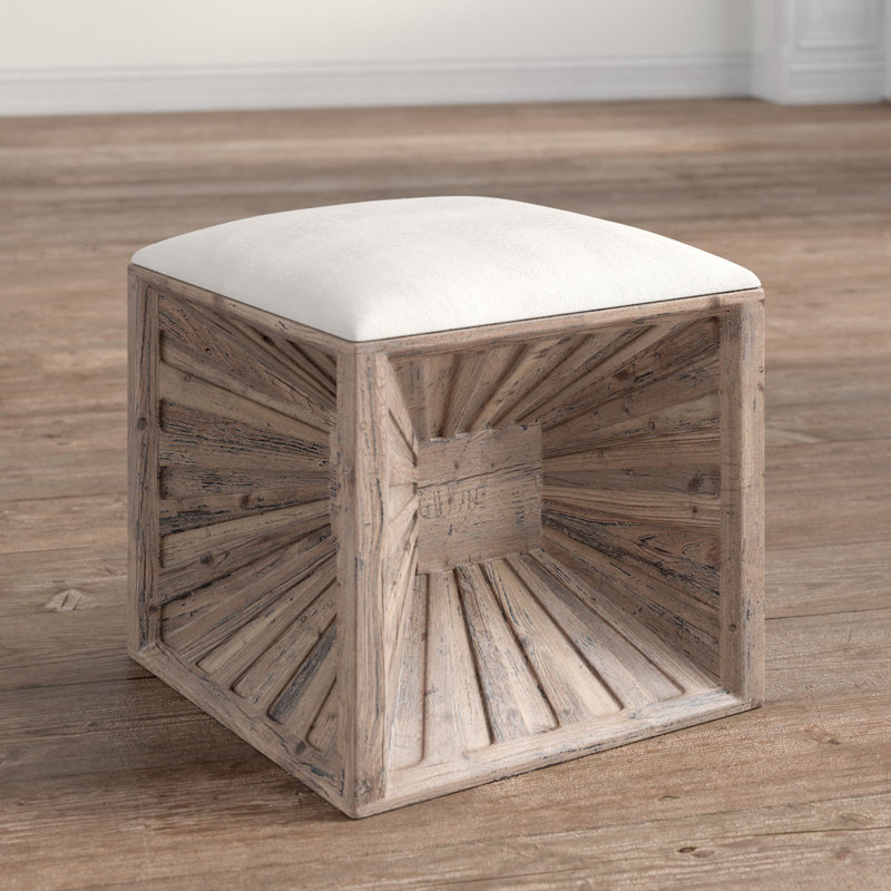 Natural Fir Wood Cube Ottoman with Linen Cushion