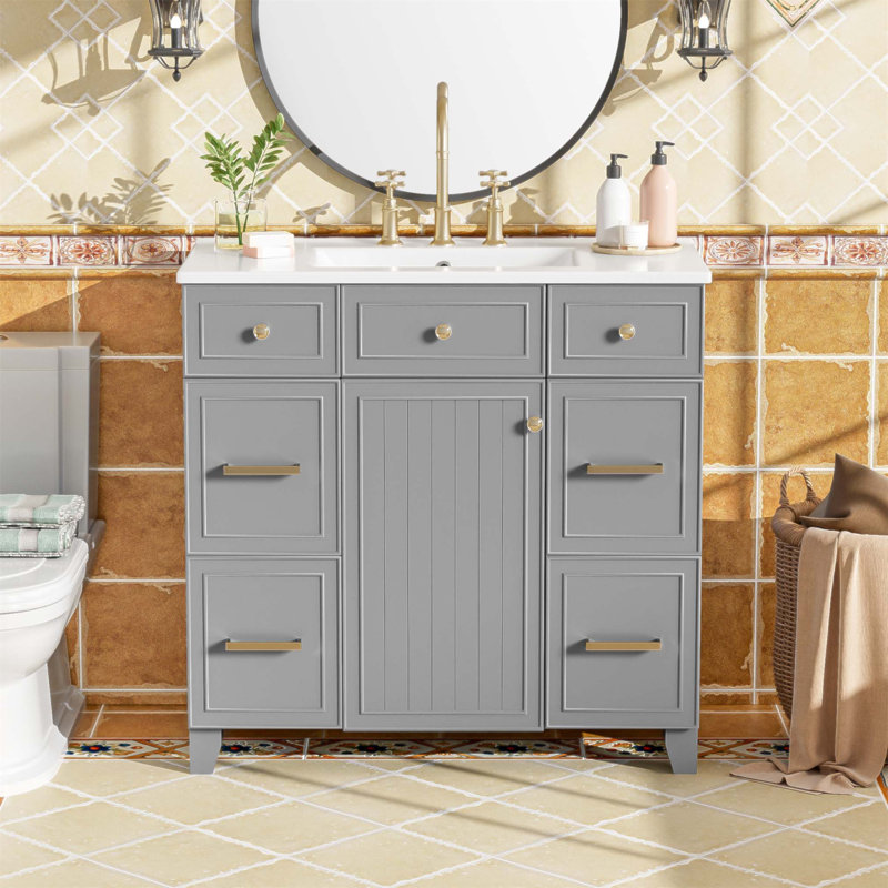 36 Inch Bathroom Vanity, Soft Close Doors, Adjustable Shelves, And Hairdryer Storage Drawer, Gray