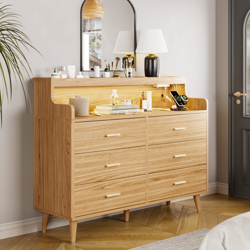 6 Drawer 120Cm W Double Dresser, Natural Oak