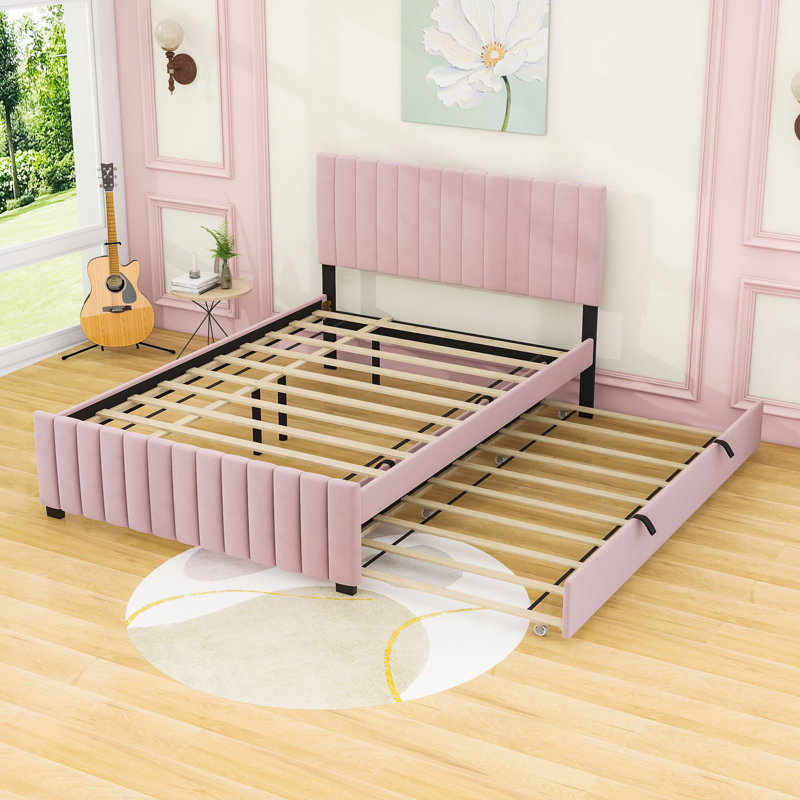 Grand lit standard tapissier avec lit gigogne simple TG, Pink