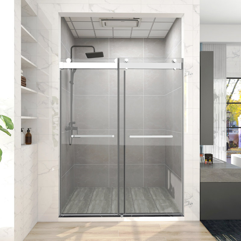 48 In. W X 76 In. H Freestanding Double Sliding Frameless Shower Enclosure In Chrome Finish, Chrome